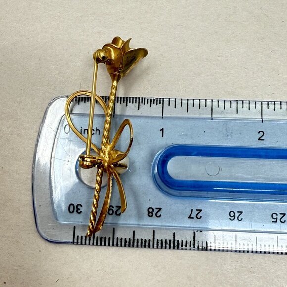Vintage Rose Flower Brooch Gold-Tone Bow Dainty Minimal Imitation Pearl Retro - Picture 8 of 8